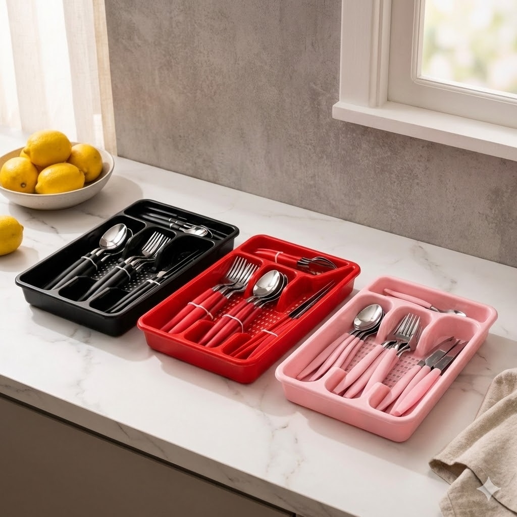Jogo de Talheres Preto, Vermelho ou Rosa com Gaveteiro Porta Talher Organizador de Gaveta Faqueiro