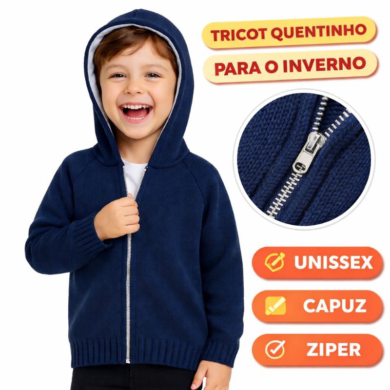 Jaqueta Infantil Unissex Com Capuz e Zíper | Tricot Quentinho | Inverno em Oferta na Shopee