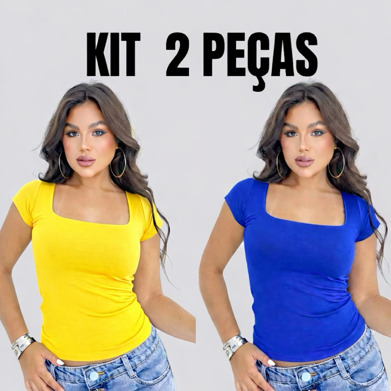 BABY LOOK KIT 2 Blusinha  Básica Dia a Dia Academia Suplex Cores do Brasil Copa Do Mundo
