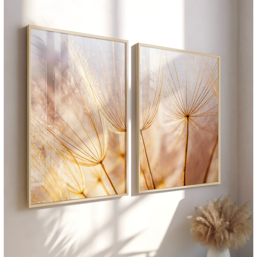 Quadro Dente De Leão Kit 2 Quadros Decorativos Para Sala Quadro Minimalista Com Moldura Dourado