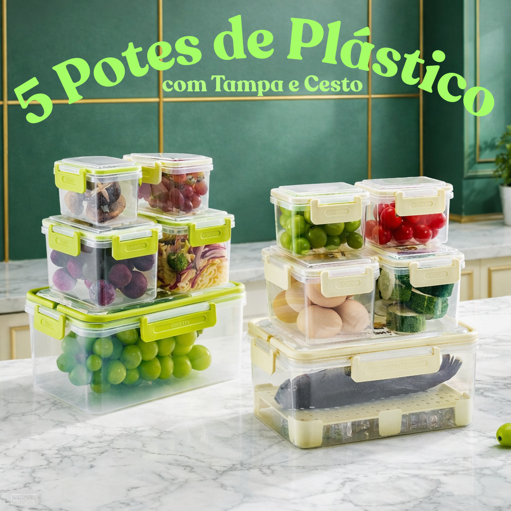 Conjunto de Potes Plásticos com Tampa Hermética e Escorredor Sortido kit Organizador de Geladeira