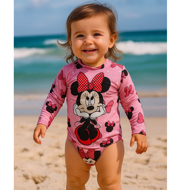 CONJUNTO PRAIA COM PROTEÇÃO UV 50+, CONJUNTO CONTÉM BIQUINI E CAMISA, TEMAS LABUBU SKYE PATRULHA CANINA, MINNIE, ANGEL