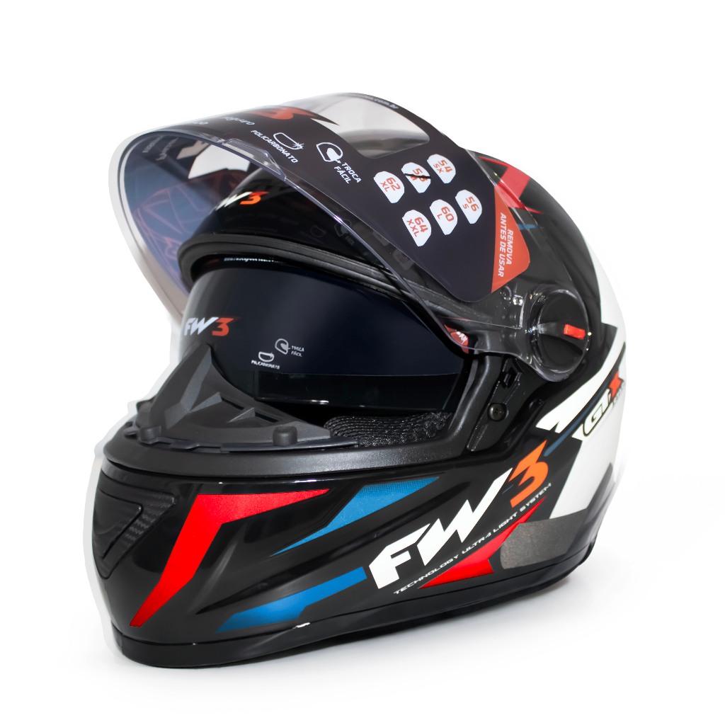 Capacete GTX Star Azul com Vermelho Óculos Interno Narigueira Viseira Cristal