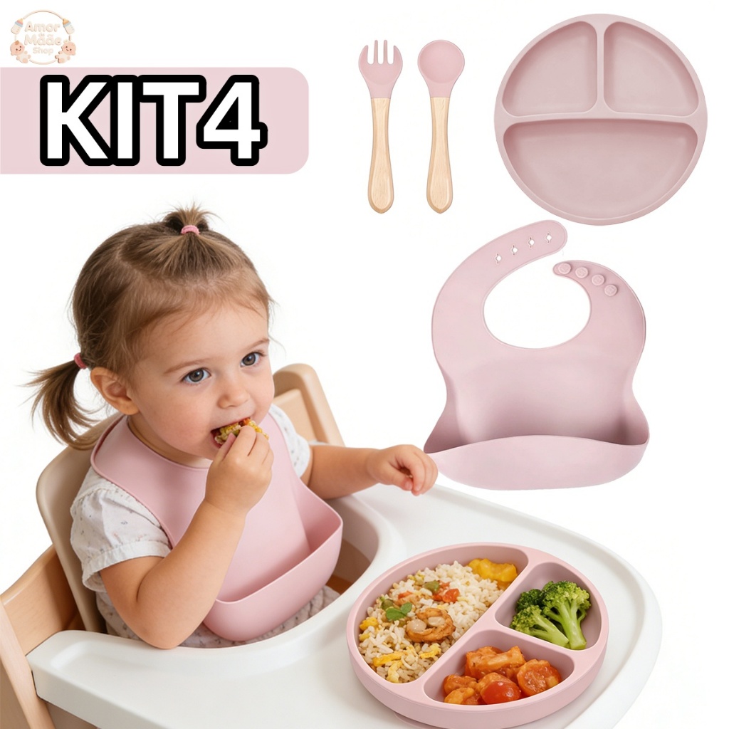 4 pçs Kit Prato com Talher Silicone Introdução Alimentar Bebê em Oferta na Shopee