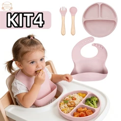 4 pçs Kit Prato com Talher Silicone Introdução Alimentar Bebê