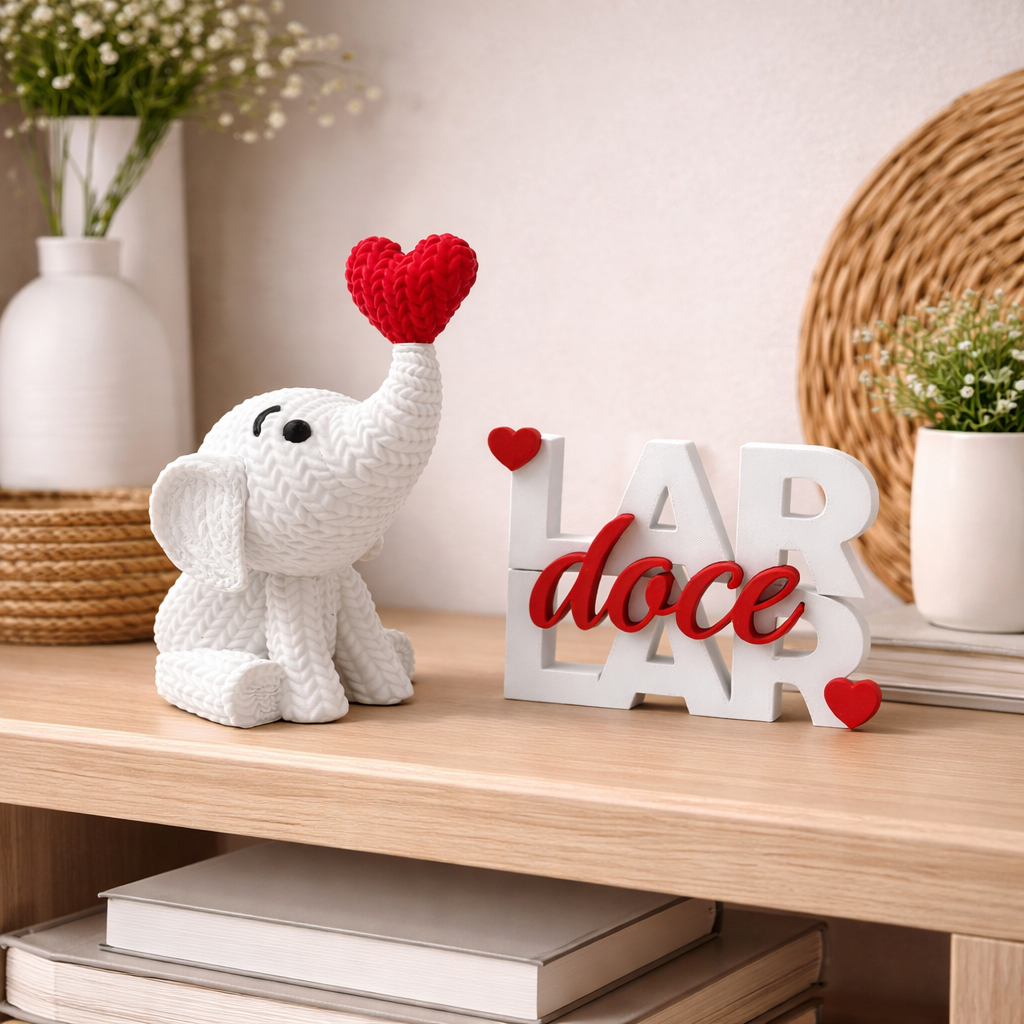 Kit Enfeite Decorativo Elefante Com Coração + Plaquinha Lar Doce Lar | Decoração Enfeite Para Casa E Presente - Cor Verm