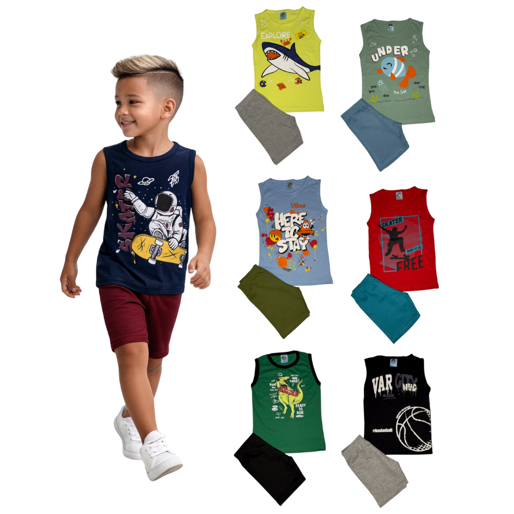 Kit 4 Peças Sortido Conjunto Regata Infantil Menino Verão 2 regatas 2 bermudas tamanho 1 2 3 4 6 8