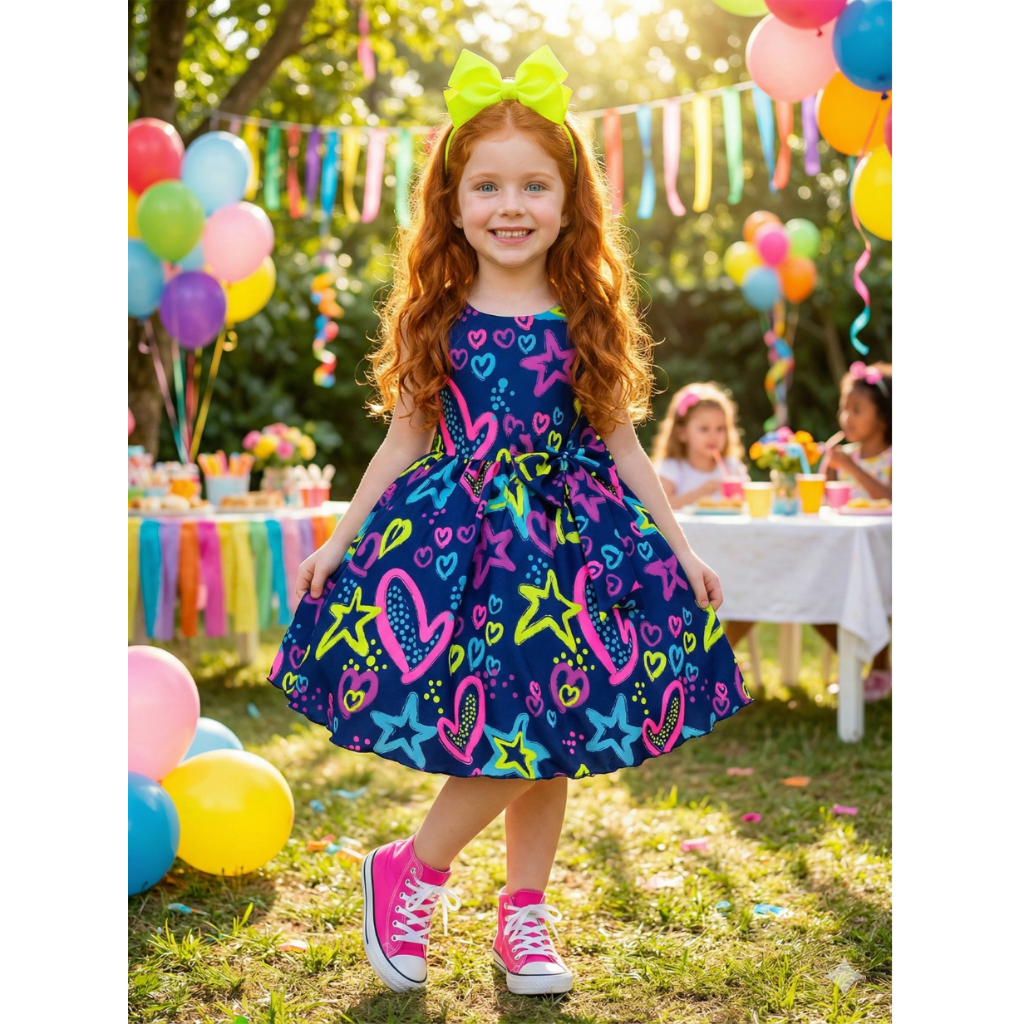 Vestido Neon Infantil Festa Luxo Azul Marinho 4 a 16 Anos Elegante e Moderno
