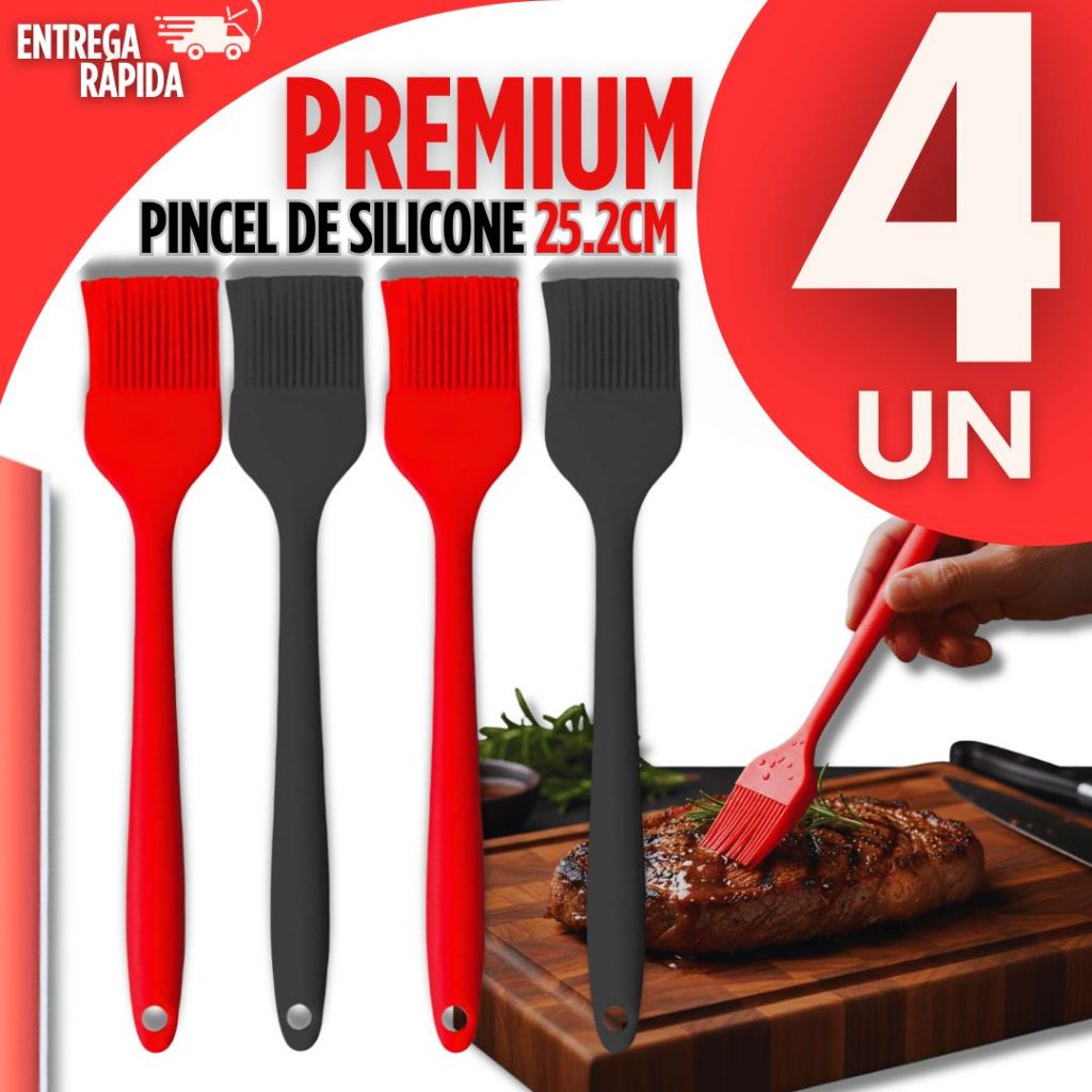KIT 04 Pincel de Silicone Culinário Premium Preto e Vermelho Multiuso Utilidades Cozinha Resistência