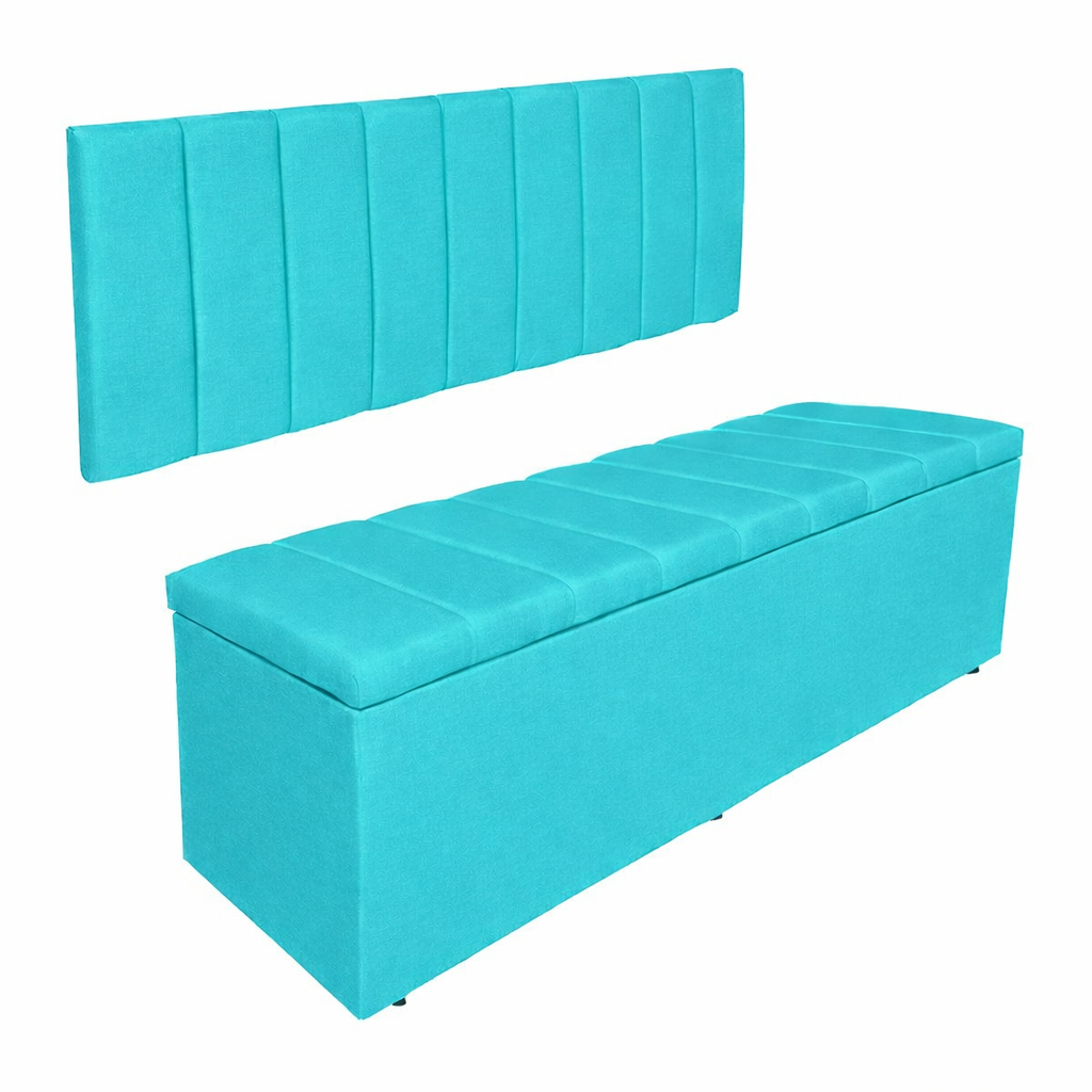 Kit Carla Quarto de Princesa Cabeceira De Cama Box Painel e Calçadeira Baú 90 cm Solteiro Suede Azul Turquesa Eli Móveis