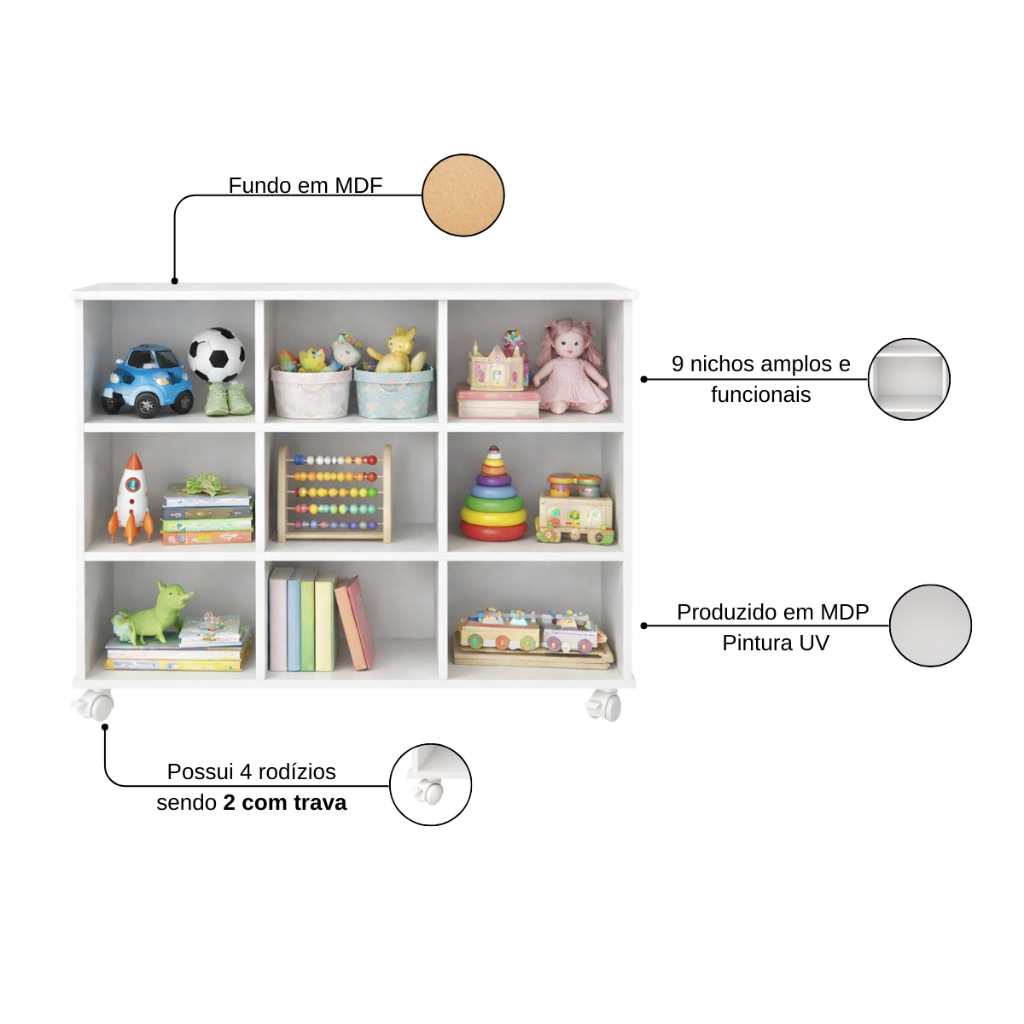 Nicho Organizador Estante para Livros Multiuso 9 Nichos Com Rodízios Expositor Para Loja, Sala e Home Office — imagem 2 de 2