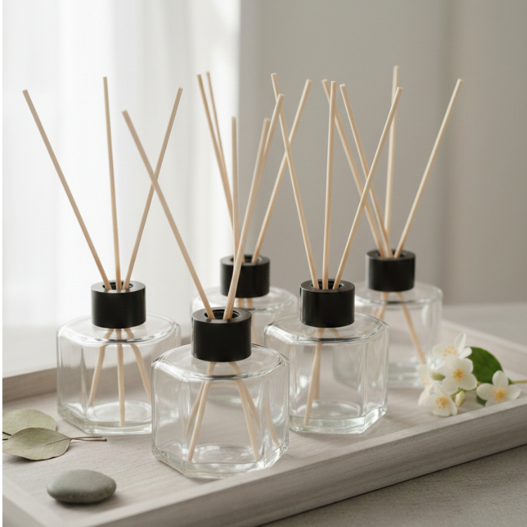 KIT - 10 UNIDADES FRASCO PET CUBE 200ML COM TAMPA DIFUSOR LUXO PRETA PREMIUM E 30 VARETAS  PARA AROMATIZADOR DE AMBIENTE