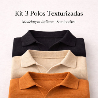 Kit 3 Polo Italiana texturizada sem botão, manga slim Camisa Polo Luxo Masculino Old Money
