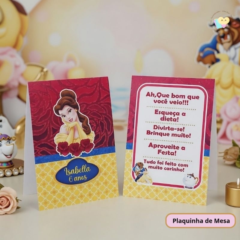 Kit Plaquinha de Agradecimento A Bela e a Fera - Centro de Mesa- Personalizados-Lembrancinha-Festa-Aniversário-Decoração
