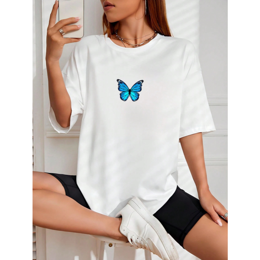Camisa Feminina Oversized Estampada Borboleta Colorida Camiseta 100% Algodão Leve Confortável