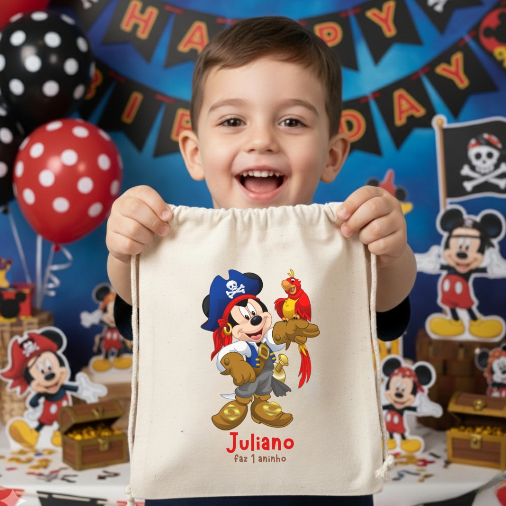Kit Saquinhos de Algodão Cru Tema Mickey Mouse Pirata Lembrancinha Personalizada Aniversário Infantil Mickey