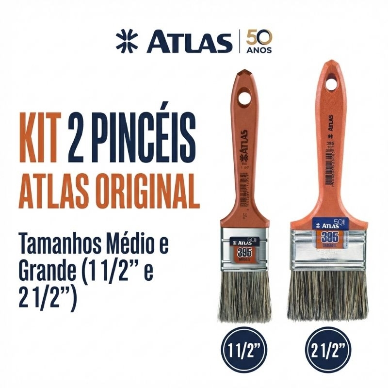 Kit Pincel Atlas 2 Peças 1 1/2" e 2 1/2" Pintura Parede Móveis Alvenaria Drywall Gesso Tinta Látex Acrílica Esmalte