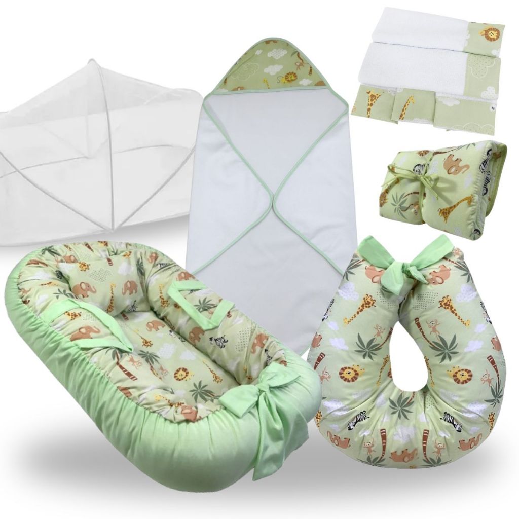 Ninho Redutor Berço Bebe Almofada Amamentação Mosquiteiro Trocador Toalha Banho Fralda Kit Verde em Oferta na Shopee