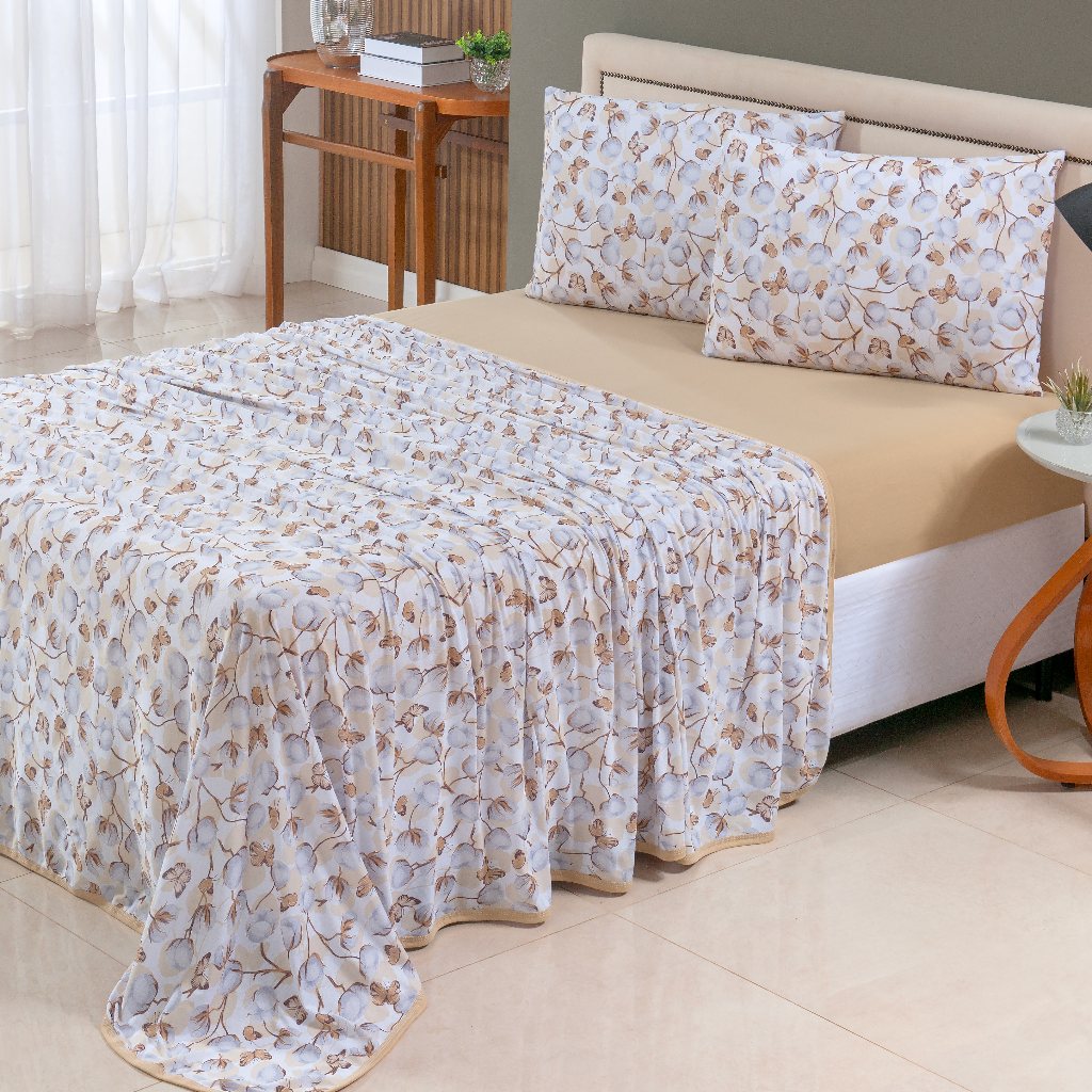 Jogo de Lençol Queen 4 Peças Estampado Roupa de Cama Malha 100% Algodão Toque Macio Antialérgico