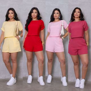 Conjunto Feminino Shorts e Blusa em Tecido Alfaiataria – Look Casual e Elegante em Oferta na Shopee