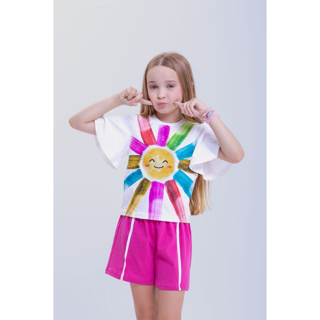 Conjunto Infantil, Blusa e Short em malha 100% algodão, com estampa em Silk, do 4 ao 8 anos, roupa de menina.