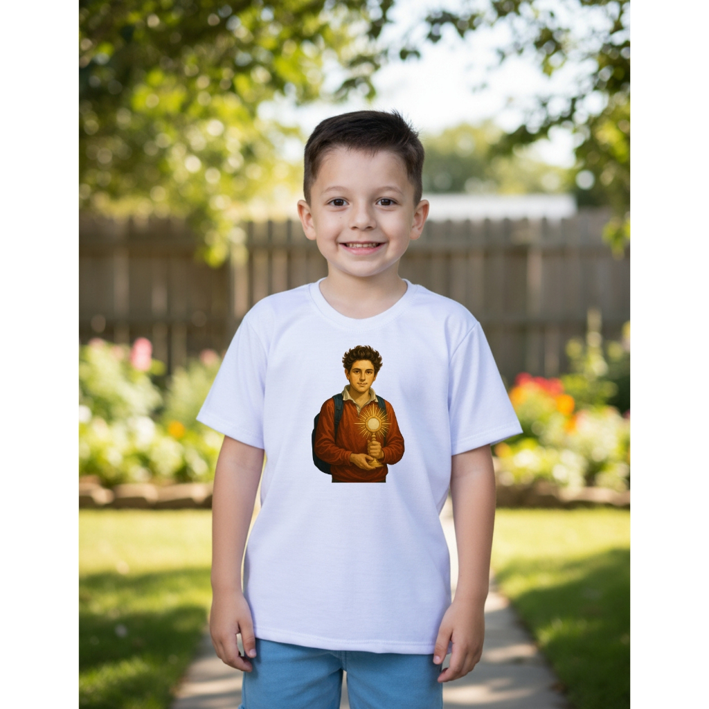 Camiseta Infantil Santo Juvenil Carlos Acutis Estampa Religiosa