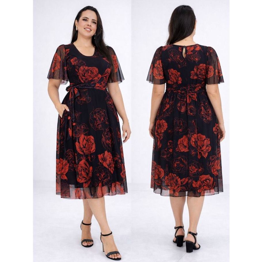 Vestido Moda Evangelica Casual Crista para Congresso Plus size Tule Elastano Midi Luxo Confortavel Elegante