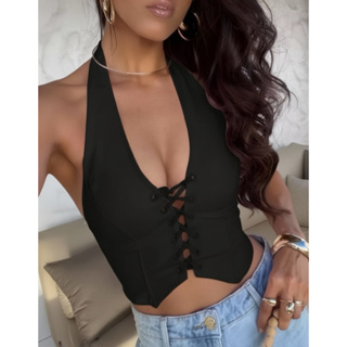 Cropped Corselet com Amarração Frontal Modelador Decote Profundo Verão 2026 em Oferta na Shopee