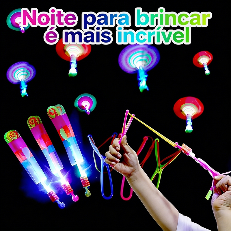 Kit 20/15/10/5 Brinquedo Avatar Voador Rotativo Foguete Lançador Estilingue Brilha Luz De Led