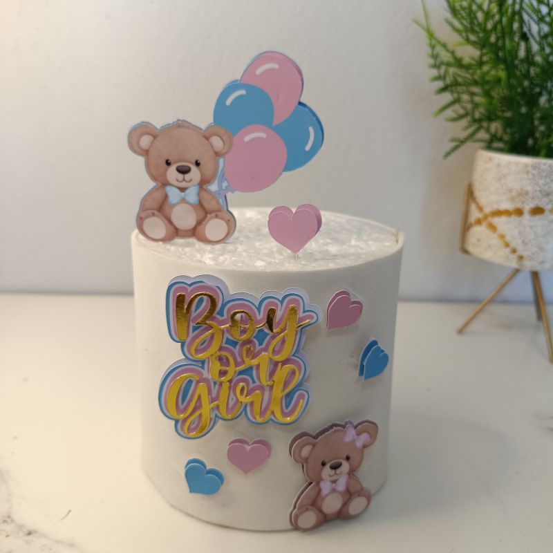Topo de Bolo Chá Revelação Boy or Girl com Ursinho | Decoração Revelação Menino ou Menina