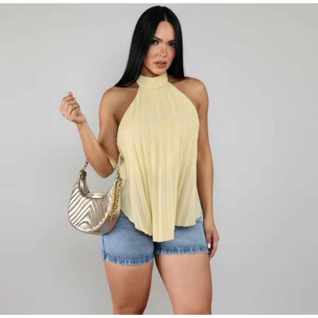 BATA EM TECIDO CREPE PLISSADO COM DETALHES EM AMARRACAO NAS COSTAS E COM FORRO em Oferta na Shopee