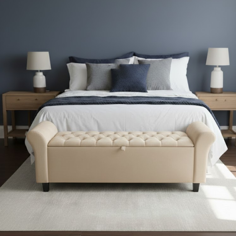 Baú Recamier Divã Paris 130cm Capitonê Suede Banco Estofado com Baú para Quarto Sala madeira Puff