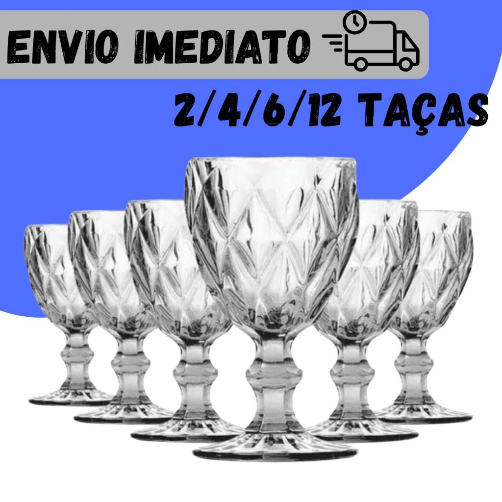 Jogo de 2/4/6/12 Taças de Vidro Ultra Resistente Bico de Jaca Diamond Luxo Transparente 340ML