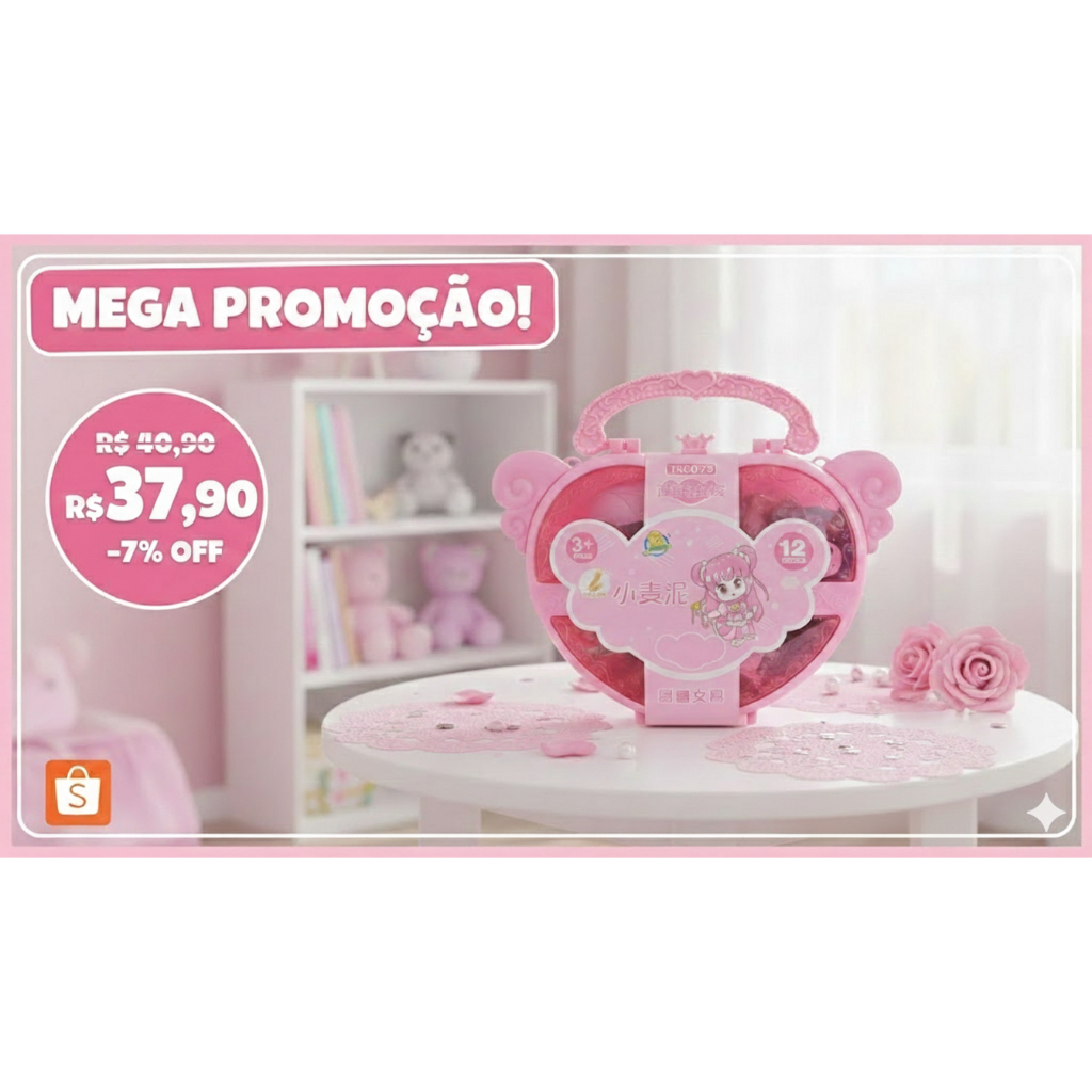 Kit Massinha de Modelar Infantil 12 Cores Maleta Coração Criativo Educativo +3 Anos Presente Menina