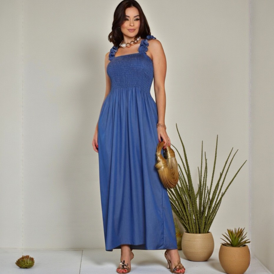 Vestido Longo Jeans Chambrey Leve Lastex Corpo Inteiro Alça Babado Moda Verão Versátil chic em Oferta na Shopee