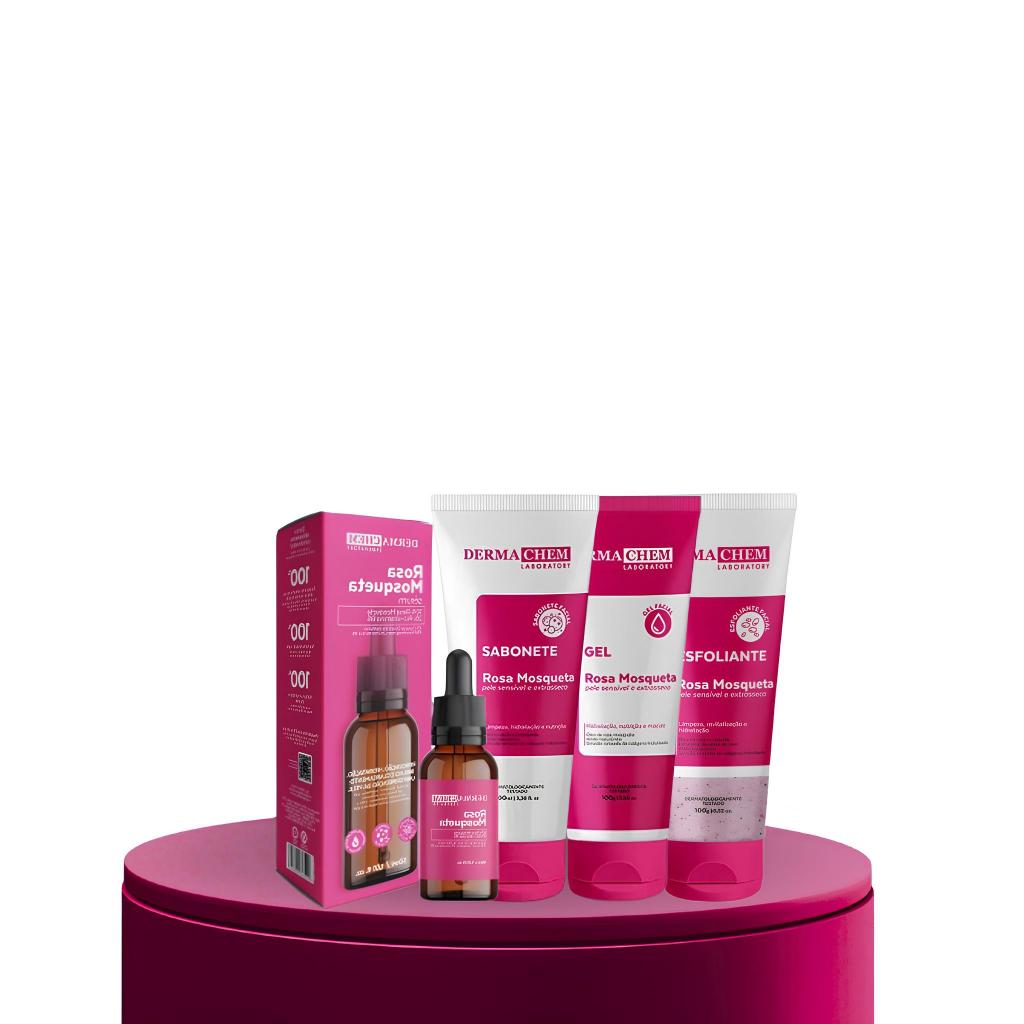 Kit Skincare Rosa Mosqueta Dermachem Sérum, Gel, Sabonete Ultra Hidratante e Esfoliante Dermachem