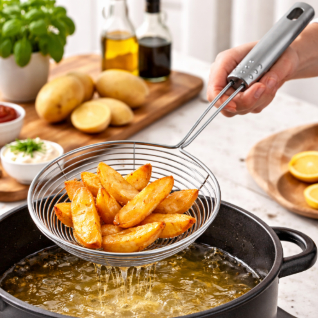 Escumadeira P/ Frituras Peneira Inox Aramada Resistente Pastel Batata Salgados de Cozinha 33x13cm 1 a 2 unidades Premium em Oferta na Shopee