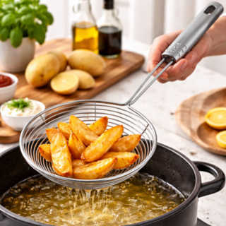 Escumadeira P/ Frituras Peneira Inox Aramada Resistente Pastel Batata Salgados de Cozinha 33x13cm 1 a 2 unidades Premium em Oferta na Shopee