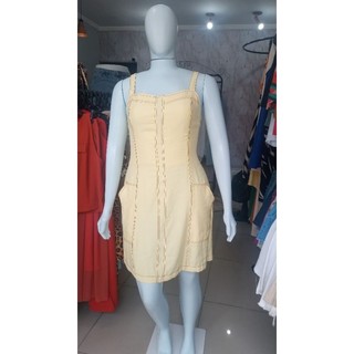 vestido amarelo curto plus size de alça grossa sem bojo com elástico atrás fresquinho