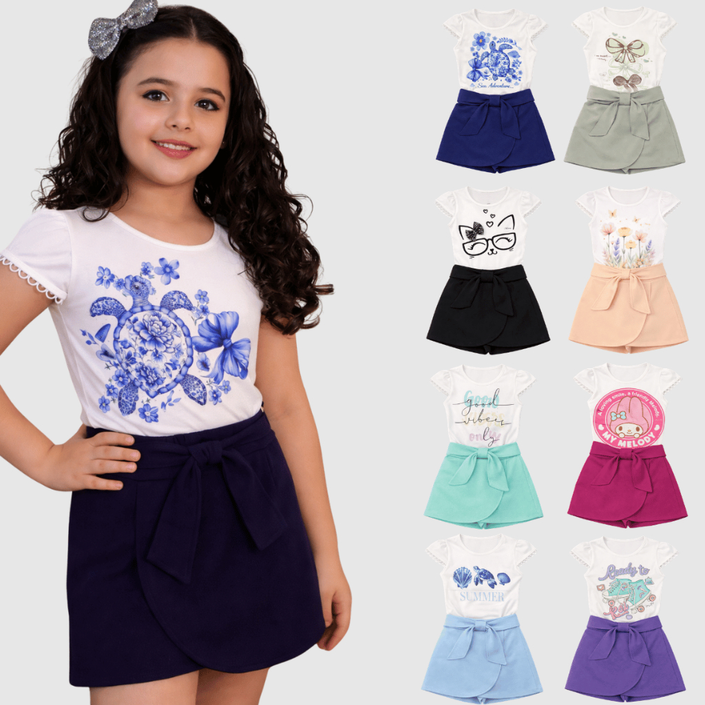 Conjunto Infantil Feminino Blusa Estampada + Short Saia Laço Verão