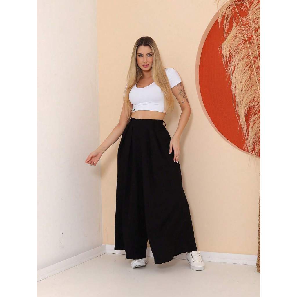 CALÇA FEMININA BARRA LARGA WID LEG CINTURA ALTA PANTALONA 3102 em Oferta na Shopee