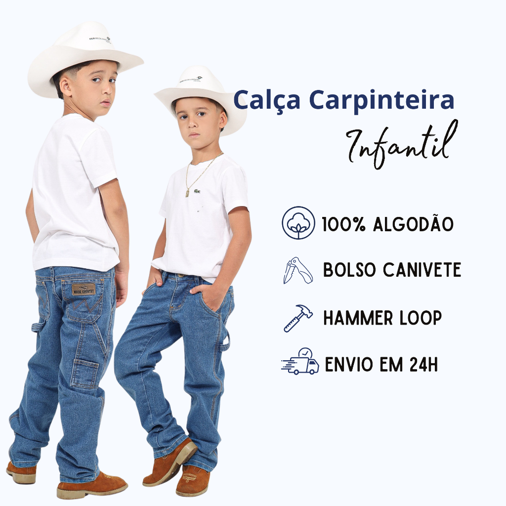 Calça Jeans Masculina Infantil Country Carpinteira Cowboy em Oferta na Shopee
