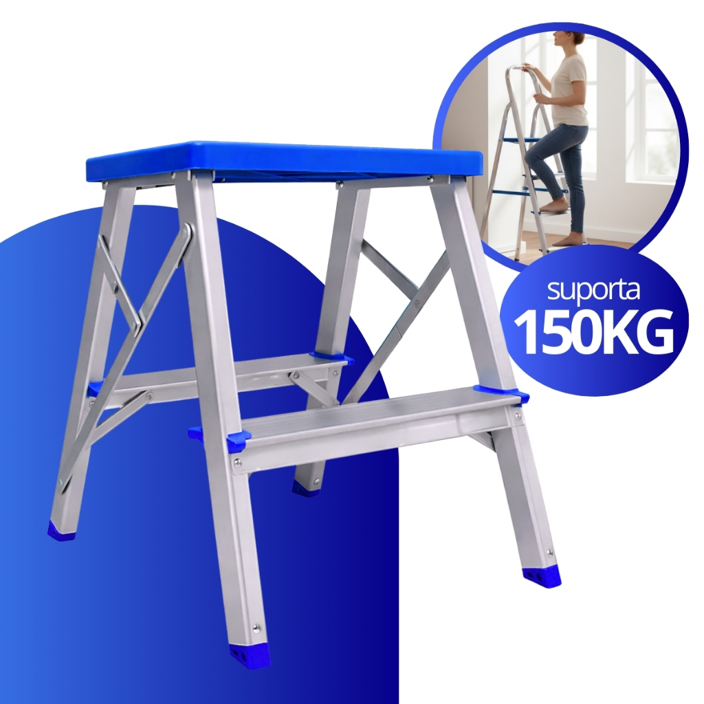Escada banqueta de alumínio 2 Degraus Domestica 1 degrau + patamar Segura e Resistente - Alumasa