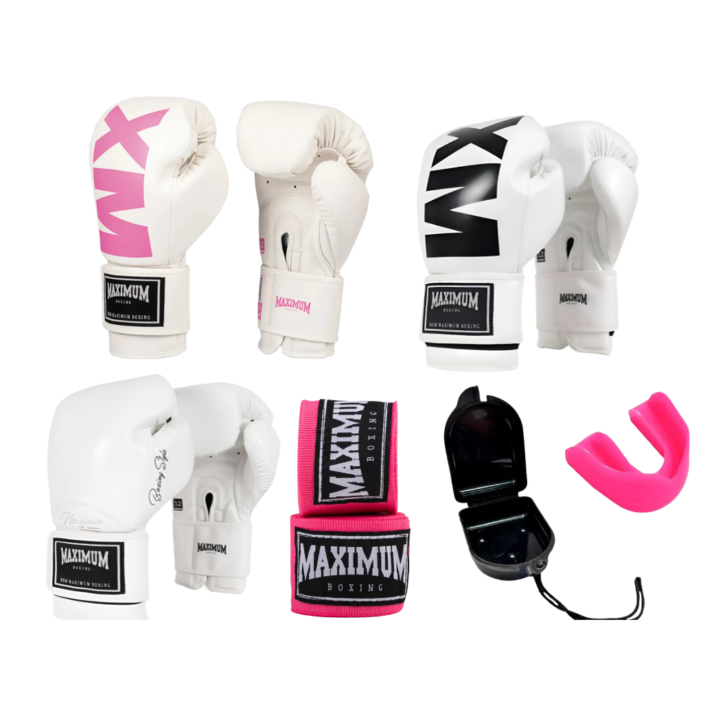 KIT LUVA ROSA E BRANCA MAXIMUM COM BANDAGEM E PROTETOR BUCAL BOXE MUAY THAI