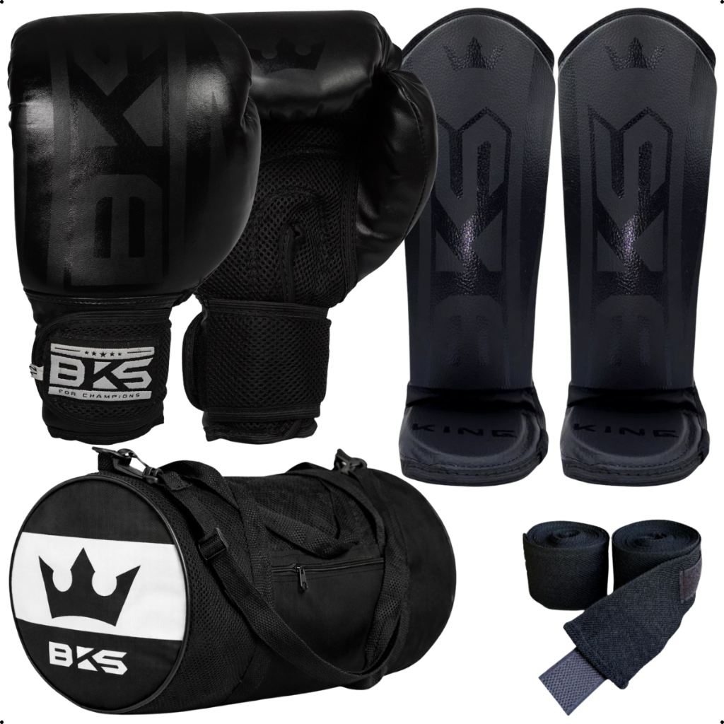 Kit Luva Boxe Kickboxing Muay Thai BKS + Caneleira + Bolsa Espaçosa + Bandagem 3m