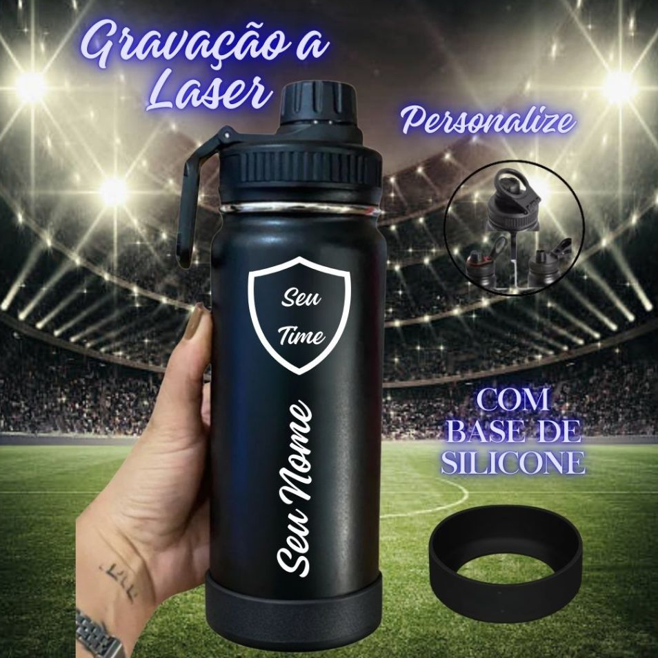 Garrafa Inox Termica Personalizada do Seu Time Com Seu Nome base de silicone 800ml em Oferta na Shopee