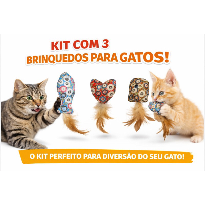Kit Com 3 Brinquedos Para Gatos Com Catnip E Pena Anti Stress