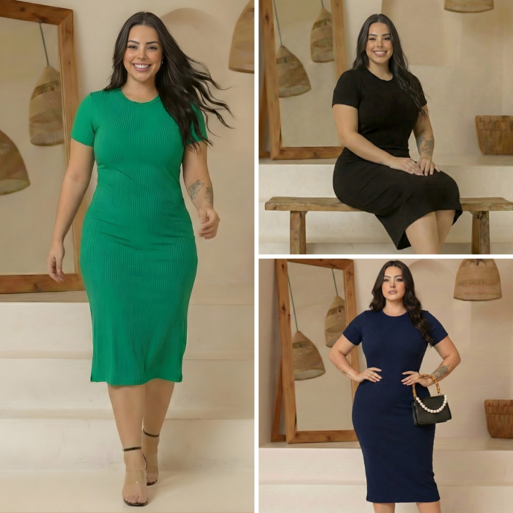 Vestido Midi Plus Size Canelado Premium [Não Fica Transparente] Tubinho Modela Corpo G1 G2 G3