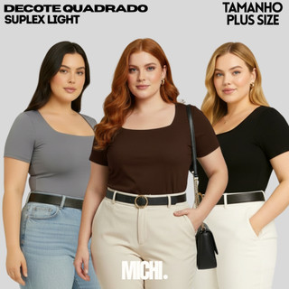 Blusa Feminino Plus Size Decote Quadrado Manga Curta Suplex Premium Forrada Não Transparente