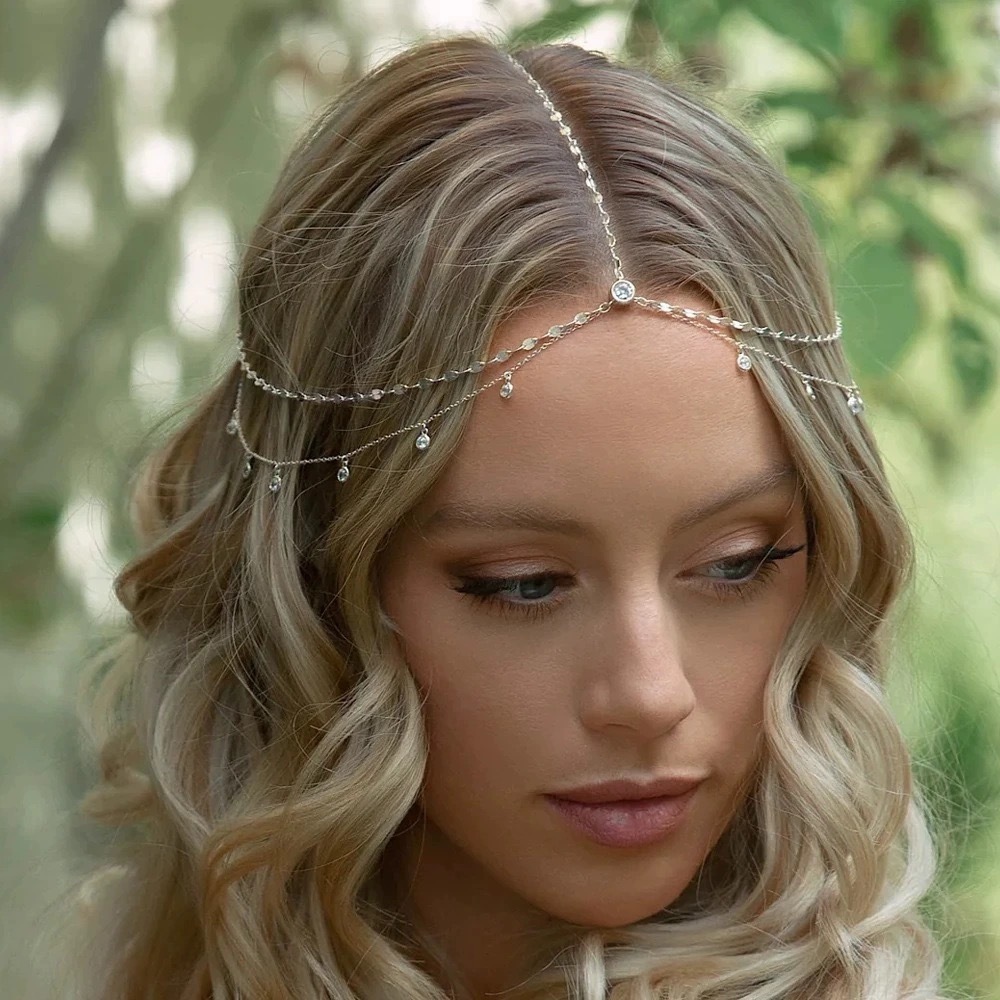 Tiara de Cabelo Boho com Strass Ajustável – Head Chain Dourada Feminina para Casamento, Festival, Praia e Ensaio Fotográ em Oferta na Shopee